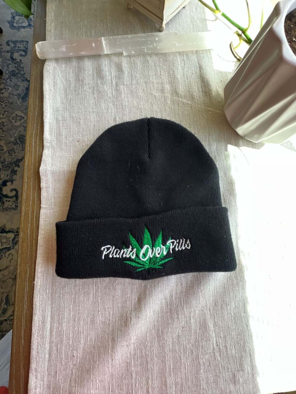 Plants Over Pills Marijuana Leaf Embroidered Black Cuffed Beanie